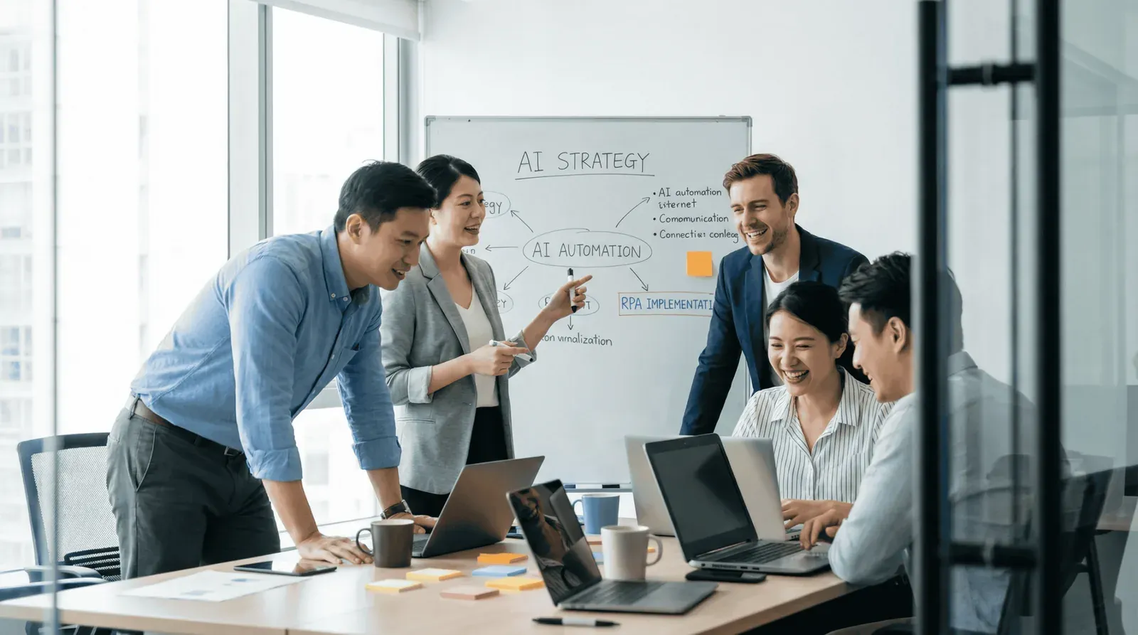 Beratungsteam entwickelt am Whiteboard eine AI-Strategie mit AI-Automation und RPA-Implementierung