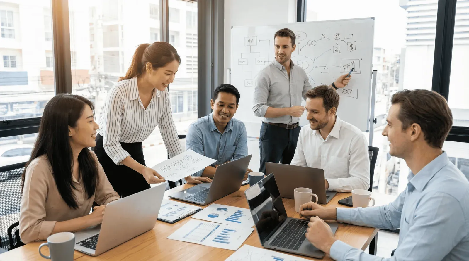 Workshop zu Business Analytics: Team bespricht Anforderungen anhand von Prozessdiagrammen und Auswertungen
