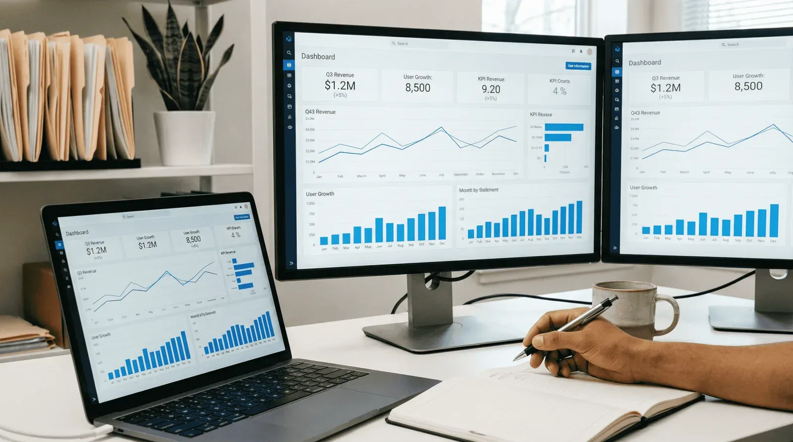 Business-Intelligence-Dashboard mit Umsatz- und KPI-Kennzahlen auf zwei Monitoren am Arbeitsplatz