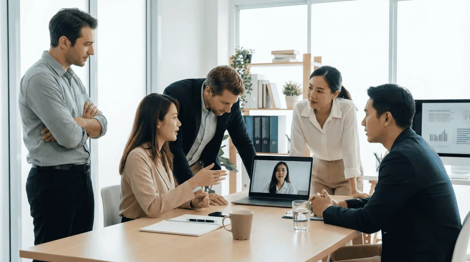 Team von QP Business & IT Solutions im Austausch, ein Kollege ist per Videokonferenz zugeschaltet